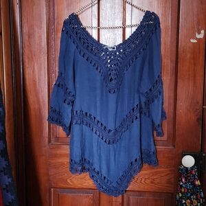 Vivid Plus Size 3X Boho Navy Tunic Crochet Lace Dolman Sleeve Top Dark Blue